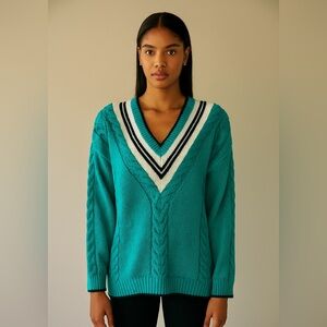 Vintage 80s/90s Casual Corner Cable Knit Sweater Shoulder Pads Teal White Trim